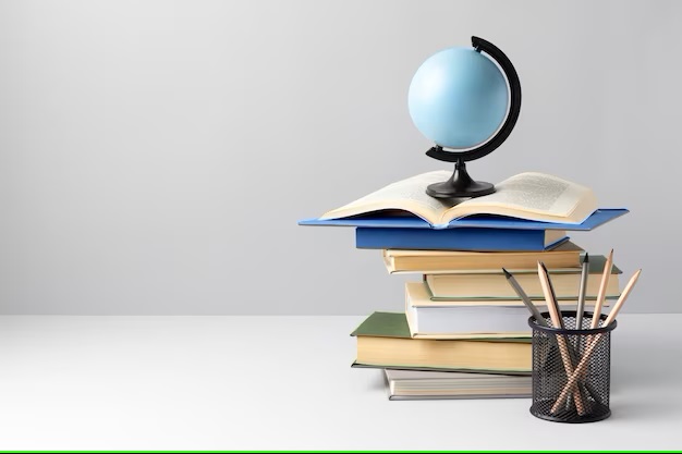 front-view-stacked-books-earth-globe-open-book-pencils-education-day_23-2149241018